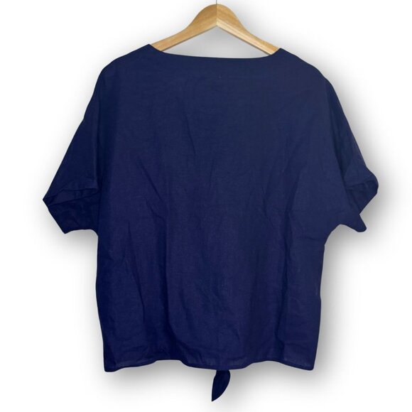 NWT Anne Klein Linen Short Sleeve Tie Front Navy Blue Blouse Size Small - Picture 3 of 7